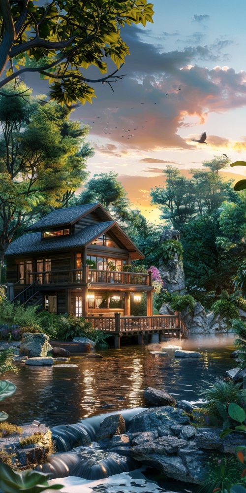 河边，一幢木制别墅，风景优美，小清新风格，护眼壁纸，超高清8k，自然光，真实色彩，辛烷值渲染