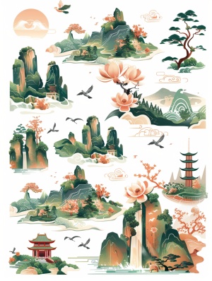 chinese ancient - style stickers , mountain temple scenery stickers , featuring green hills and flowing waters , mountain temples and pagodas , waterfalls , adorned with various flowers and plants , flying birds . creating a fresh and lively atmosphere with warm color tones , white background , flat illustrations , vector illustrations