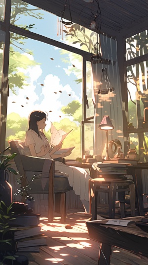 一个女孩躺在椅子上，头上盖着一本书，窗户打开，可以看见外面的风景