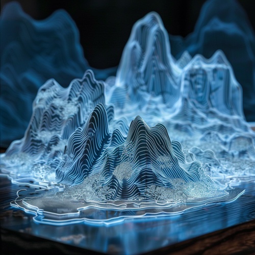 Line-based visualization glow ontranslucent backaround wireframe Topographic map X-ray miniature landscape Chinese landscape painting