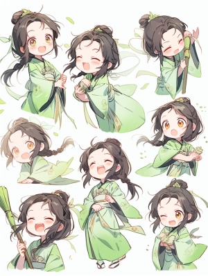 小女孩绿色汉服双麻花辫全身图，9种姿势和表情