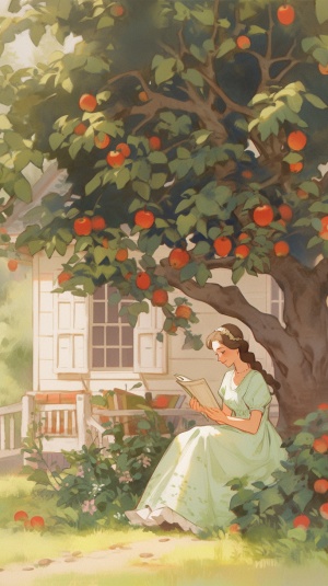 农家小院,院子里有一棵苹果树,树上结满了大红苹果，有位女坐在苹果树下看书,卡通人物,手绘插图，扁平，绿植,房屋,卡通插画,肌里磨砂,花田,中景镜头