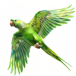 展翅飞翔的绿色鹦鹉 白底 插画风格