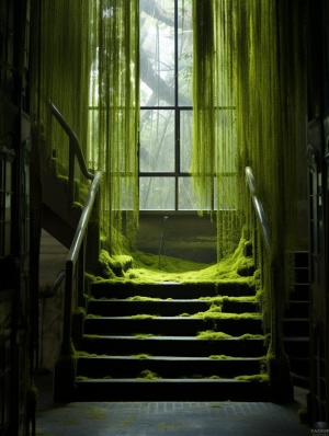 苔痕蔓延上台阶，使台阶都绿了。草色映入竹帘，使室内染上青色。阳光透过竹帘的缝隙照进屋内。