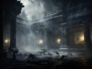 迷雾，寺庙正殿内挂满了蜘蛛网，地面落满了灰尘，像是很久都没有人来过了，地面一个脚印也没有。