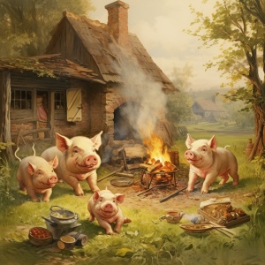 猪爸爸和猪妈妈，带着三只小猪在院子里玩耍