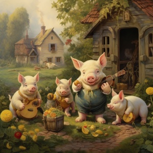 猪爸爸和猪妈妈，带着三只小猪在院子里玩耍