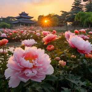 傍晚晚霞下的北京植物园，牡丹花园内开满五颜六色的牡丹花非常漂亮，高级相机拍摄8K