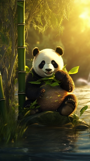 一只熊猫坐在河边抱着一节竹子，微笑着，竹子很粗，真实的细节，摄影作品，明亮的光线