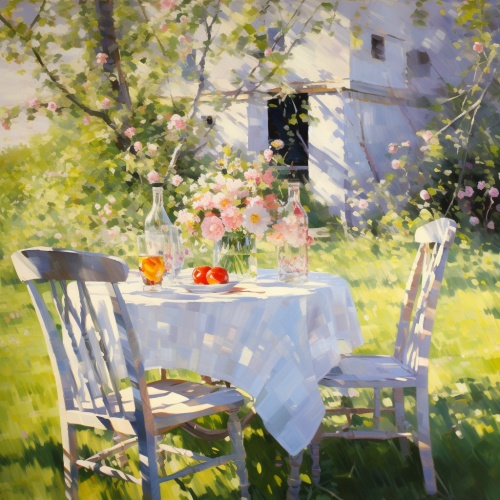 春天的开着鲜花的花园里，一张铺着白色桌布的桌子旁有一两把浅色椅子。白色桌布上有真实微妙的环境色桌上的玻璃瓶里插有新鲜的花束，几粒散放的樱桃有红有黄，鲜美娇艳。真实的阳光