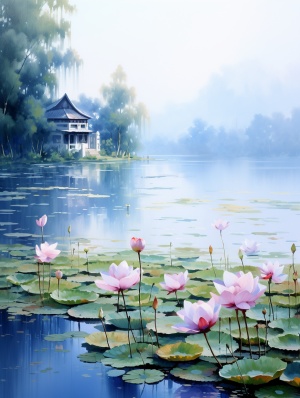 一幅河边小房子的画，中国画的风格，柔和的雾气，我不敢相信这是多么美丽，uhd图像，迷人的素描，田园风光，河内荷花绽放。漂亮。精确绘画