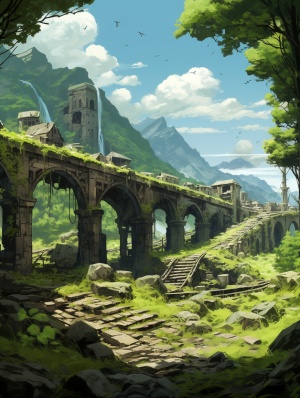 破败的村庄 长满绿色植物的高架桥 残破的汽车 远处山脉绵延
