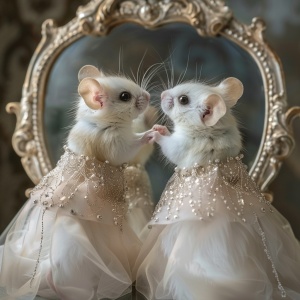 可爱的白色老鼠宝宝戴婚纱照镜子