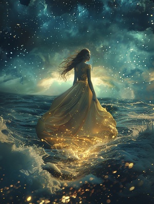 Hand-painted, illustrated, a girl, delicate features, wearing a gold evening gown, walking barefoot on the sea, dynamic movements, starlight, night sky, realistic picture quality, HD 8k翻译：手绘，插画，一个女孩，精致的五官，穿着金色的晚礼服，光脚走在海面上，动态动作，星光闪耀，巨浪滔天，夜空，逼真的画质，高清8k#ai #Ai绘画 #ai关键词 #midjourney关键词 #AI绘画有点东西 #绘画 #浪漫 #女孩 #海 #创意 #艺术 #素材 #设计师