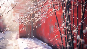 梅花，雪景，红墙，竹林