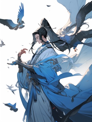 中国古代风格，面容精致的蓝衣男子，黑色长发，微风，头发飞扬，衣诀飘飘
