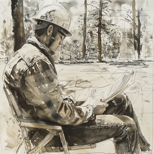 一个年轻工程师，戴着安全帽，坐在公园椅上，在认真看图纸，工作，水墨画
