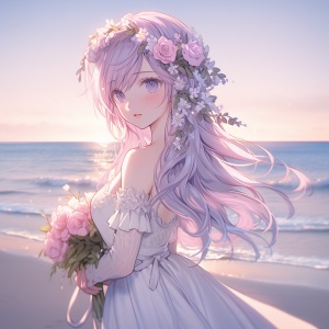一个穿着白色连衣裙的女孩站在沙滩上，画风为浅紫色和洋红色，梦幻的柔和粉彩，8K超高清, 编辫子，连衣裙，异色症，白色连衣裙，多彩的头发，天空，长发，花朵，户外，云朵，蓝色眼睛，粉红色头发