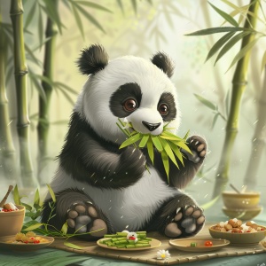 一只可爱的熊猫正在吃竹笋，背景是绿色的竹叶和装满食物的盘子。