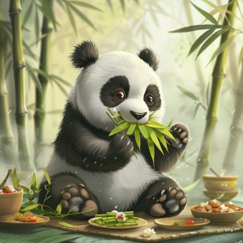 一只可爱的熊猫正在吃竹笋，背景是绿色的竹叶和装满食物的盘子。