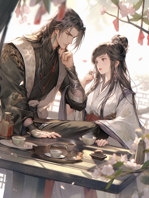 中国风，中年夫妻，穿着艳丽的衣服，长发男子喝茶，女子绣花，超高清画质，五官清晰，相互对望