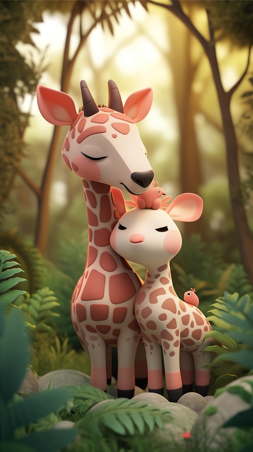 A cute giraffe and a cute zebra stand in the dense forest. Their expressions are gentle, the background is soft, and the lighting is warm. They are rendered using 3D clay icons with soft colors. s 750 ar 3:4 v 6.0