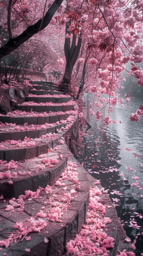 公园里，一排巨大的樱花树，粉色的花瓣，一条弯曲的石头台阶，旁边有一条河，花瓣落在台阶上，唯美而浪漫，远景广角，摄影风格，