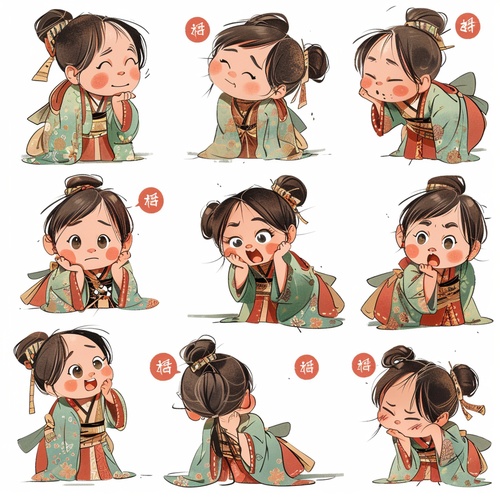 Nine,poses,and,expressions,happy,angled,sadcra cking,cut,expected,disappointed,overspeechnes s,shy,aso,cute,Little girl in Hanfu,Super,Obesity,full,body,white, background,multiple,poses,and,expressions,KeithHarlem'sgraffiti,style,sharp,illustrations,boldlines,andsolid,colors,simple,details,Minimalism,line,artsticker,art,simple,lines,s,750