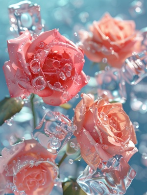 有几朵粉色和红色的蔷薇，蔷薇浸泡在水里，水里面有正方体形状的透明冰块，蔷薇浸泡在水里时会产生一些透明的小气泡。冰块是晶莹剔透的，水是透明的，整张图的感觉非常清新，透亮，背景颜色是透明的颜色。高清晰，鲜亮，CG，摄影画面，写实。
