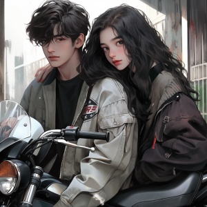 Super detail, realistic painting style, Korean celebrity face, high school student image, girls wearing school uniforms; The boy was wearing a white shirt and coat, and his clothes were messy. They are motorcycle enthusiasts, standing together with awkward expressions; Romantic atmosphere, campus background, bright lights and rich colors.