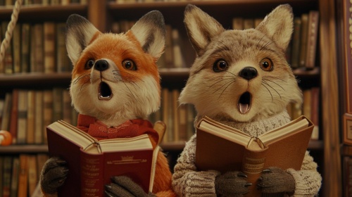一个小狐狸和一个小熊在图书馆里拿着书流露出惊讶的表情。