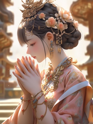 年轻女性 双手合十 庙 背后有阳光 虔诚 手上有饰品 中国风 盘发 头上有装饰物