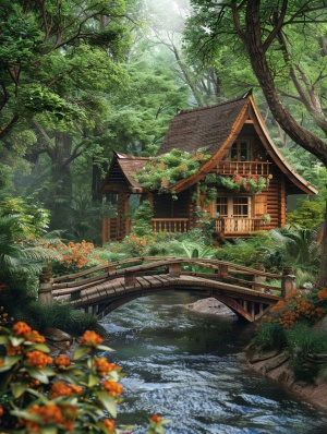一个舒适的木屋坐落在森林的中心,周围是郁郁葱葱的绿色植物和盛开的花朵。附近一座小桥横跨在一条闪闪发光的小溪上。写实风，远景拍摄，相机真实效果。