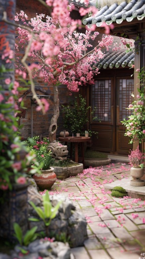 古风小庭院，桃花朵朵开，各种角度拍照