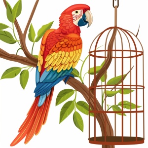 鹦鹉在挂在树上的笼子里 白底 插画风格