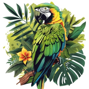 绿色的鹦鹉和丛林 白底 插画风格