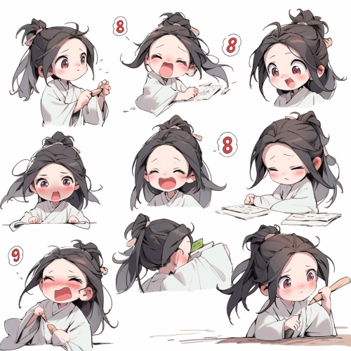 A little girl in a white robe reads , traditional clothes , animated character design , Chinese painting , light gray , cute , modest charm , emoticon package ,9 emoticons , emoticon Symbol table , multiple postures and expressions , anthropomorphic style , black strokes , different emotions , multiple poss and expressions ,8k niji 5