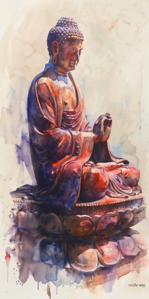 Watercolor brushwork, Buddha statue of Sakyamuni, embodying the "Middle Way" teachings of Nagarjuna, depicting autonomous yet eternally unchanging nature, graceful lines, distinctive style. Depicting a harmonious balance, interdependence of all things, serene expression, meditative pose, traditional robes with a watercolor twist, soft lighting, ethereal atmosphere, intricate details in a freehand style, wisdom radiating, tranquil background, spiritual essence captured, fine art rendering, watercolor