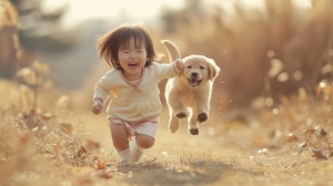可爱的小女孩，笑，跑，金毛小狗跑，宫崎骏风格