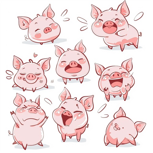 various expressions of the piggy,angry,happy,angry,coquettishexpressing love, etc, as an illustration set, with boldcomic lines, cute style, stick fiqure style, dynamic pose, White background, f64 group, related Personality, Old MemeKernel, Chalk –ar 3:4 –s 250 –niji 5 –s 400 –style cute