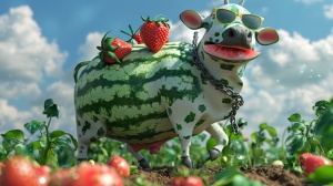 画一只用西瓜做成的牛，背上骑着一只用草莓做成的牛，带着墨镜，在菜园里滑轮，天空晴朗，自然光线，写实风格，大帅杰作，高清，8k
