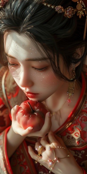女孩，穿着王袍，脸上脏污没擦干净，有一种战损般的清冷柔弱感，面无表情地吃着苹果。