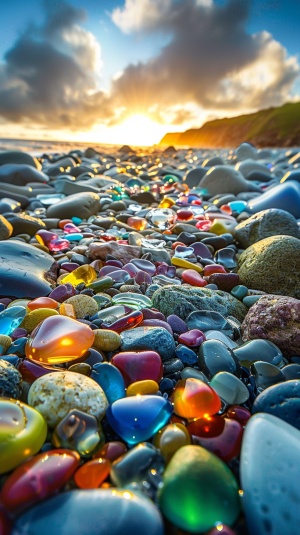 a glass beach with colorful stones, in the style of dreamlike realism, photo-realistic techniques, richly colored skies, sky-blue and white, naturecore, mesmerizing colorscapes, surrealistic dreamscapes