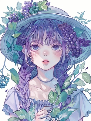 good night stickers, cute girl stickers, in the style of light purple and light blue, bold use of line,romanticized country life, light green and dark purple, onii kei, green grape, high detail ar 3:4niji 5 style cute-