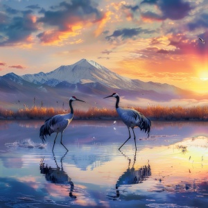 美丽的新疆贝塞尔湖，日出，湖水波光粼粼，两只丹顶鹤在觅食，浪漫的现实主义风格，印象派风景，写意绘画，幻想风景