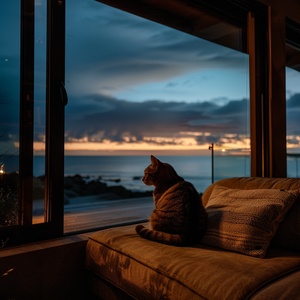 A lonely chubby cat, squatting on the edge of the large floor-to-ceiling windowsill, rotten sofa, looking outside, sea view room, dark sky, night falls, the sky has a colorful cloud, night, super photography, panorama, surrealism, light and shadow art, Fujifilm X100V, Carli Davidson photography style, premium, cinematic, lonely, story-rich scene, ultra-real, art, sacred, ultra-realistic, 32K ultra-high definition, cinematic style, chiaroscuro, natural light, cinematic lighting, clear edges, high detail, ult