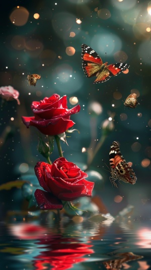 两只好看的玫瑰花在跳舞，一群蝴蝶在飞舞，精致图案，8k高清