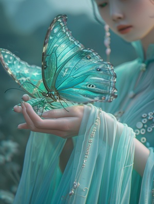 A chinese girl wearing a turquoise gauze skirt is holding a turquoise butterfly in her hand Butterfly wings have a glossy and gorgeous feel The girl's dress blends with butterfly wings Extremely beautiful butterfly wings close-up super fine ultra-realistic sense of reality 8k