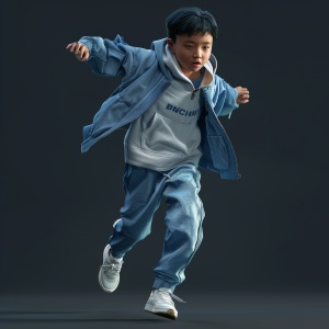china13岁少年，平头，敞开的蓝色衣服，里面白色背心，蓝色裤子，白色运动鞋，奔跑。背景阴沉沉的，黑暗。