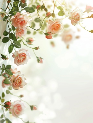 清晨，温柔阳光，白墙角落粉色小朵玫瑰花长长吊垂，唯美，高清，
